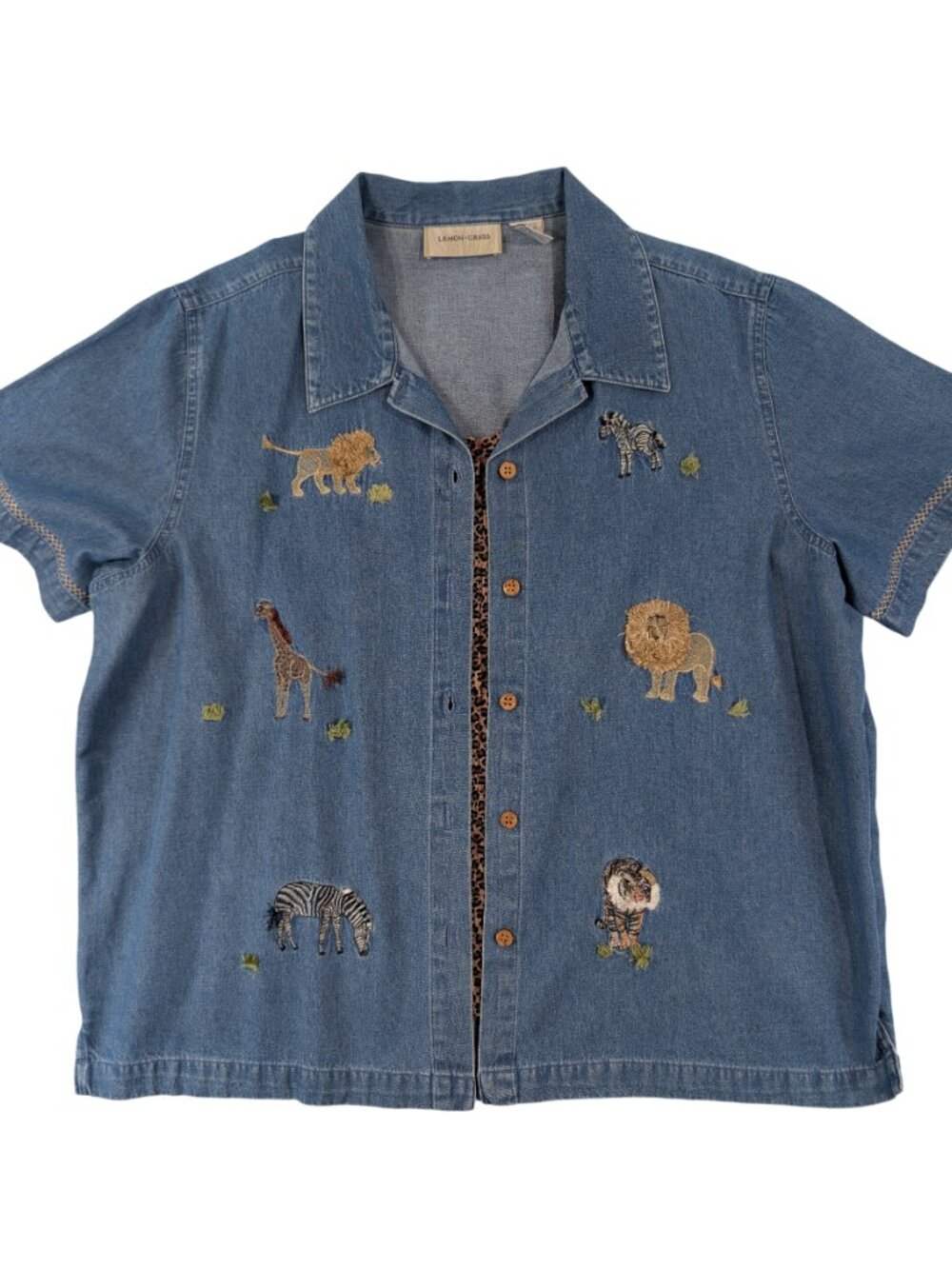 VTG 90s Lemon Grass Leopard Denim‎ Safari Short Sleeve Animal Embroidered XL